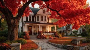 Autumn colors surround a charming house with a welcoming porch and vibrant foliage in a suburban neighborhood photo