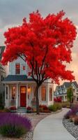 Vibrant autumn foliage frames a charming home with a red tree on a peaceful suburban street during sunset photo