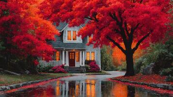 Vibrant autumn scene showcases a cozy house surrounded by fiery red trees and a serene reflective driveway photo