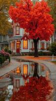 Autumn foliage reflects in calm waters near a charming Victorian house during sunset photo