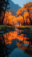Autumn foliage reflects on tranquil stream in a serene forest landscape during golden hour photo