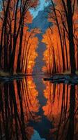 Autumn trees reflect in tranquil waters at sunrise in a serene mountain landscape photo