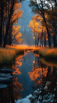 Autumn forest reflection at dawn with vibrant foliage along a serene stream photo