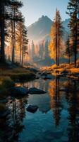 Autumn landscape with golden trees reflecting in a calm lake at sunrise in the mountains photo