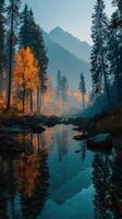 Vibrant autumn landscape with reflective water and majestic mountains at dawn in a serene forest setting photo