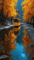 Tram travels through vibrant autumn landscape reflecting in tranquil water in a serene mountain valley photo