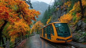 Scenic tram ride through vibrant autumn foliage in a mountainous region on a rainy day photo