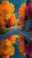 Vibrant autumn colors reflecting on a winding road surrounded by lush trees photo