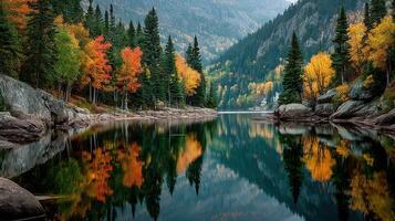 Autumn colors reflecting on a tranquil lake surrounded by mountains in a serene natural setting photo