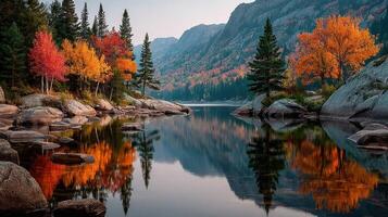 Vibrant autumn colors reflected in a serene lake surrounded by mountains in a tranquil landscape photo