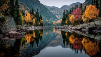 Autumn landscape with colorful foliage reflecting on calm lake in mountain valley during early evening photo