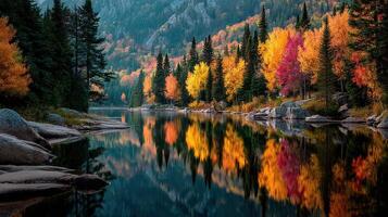 Autumn landscape with colorful trees reflecting on a calm lake in a mountainous area during sunset photo