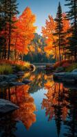 Colorful autumn landscape reflecting in calm water at a serene nature location photo
