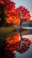 Autumn foliage reflects on a serene lake during the early morning hours in a tranquil forest setting photo