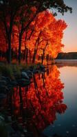 Vibrant autumn foliage reflects on tranquil lake at sunset in a serene natural setting photo