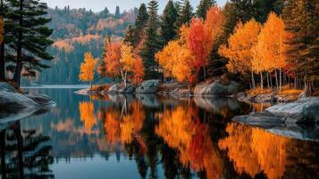 Scenic autumn landscape with vibrant foliage reflected on a tranquil lake in the early morning light photo