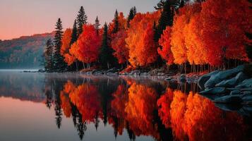Colorful autumn foliage reflected on a calm lake at dawn in a tranquil forest setting photo