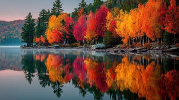 Vibrant autumn foliage reflecting on a tranquil lake in a serene national park at sunrise photo