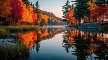 Vibrant autumn landscape reflects colorful foliage in serene lake at dawn photo
