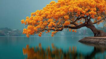 Vibrant blooming orange tree reflects in serene lake at sunrise near quaint town photo