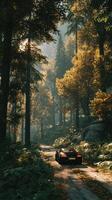 Elegant sports car cruising through a tranquil forest road surrounded by autumn foliage in morning light photo