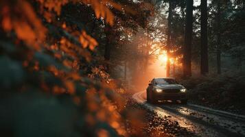 Sunset drive through a misty forest on a winding road with warm light shining through the trees photo