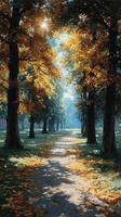 Vibrant autumn path lined with colorful trees in a peaceful park during early morning light photo