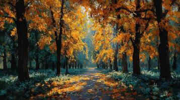 Vibrant autumn path lined with golden trees in a serene forest during the early morning light photo