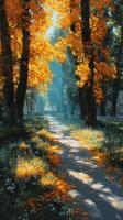 Autumn path lined with vibrant orange leaves and tall trees in a serene park on a sunny afternoon photo