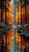 Serene autumn forest with vibrant orange foliage reflecting in a clear stream photo