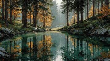 Serene forest reflection in a tranquil lake during autumn afternoon photo