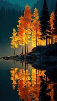 Vibrant autumn landscape with golden trees reflecting in calm water at dusk photo