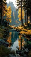 Beautiful autumn landscape with golden trees reflecting on a tranquil stream in the forest photo