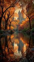 Reflective autumn colors in a serene city park with historic buildings in the background at dusk photo