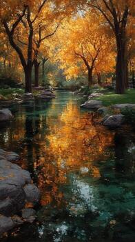 Beautiful autumn landscape with golden trees reflecting in a tranquil stream at a park photo