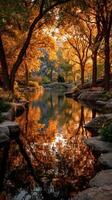 Autumn reflection in a serene park with vibrant orange foliage and calm waters during late afternoon photo