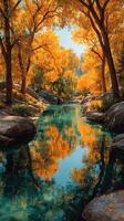 Vibrant autumn colors reflected in a serene river surrounded by golden trees in a peaceful natural setting photo