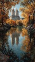 Fall colors reflect in water near urban architecture in a scenic park during autumn photo