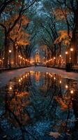 Evening stroll through autumn trees with reflections in the water in a park photo