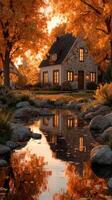 Cozy stone cottage surrounded by vibrant autumn foliage and a tranquil stream at sunset photo