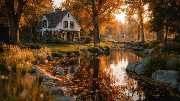 Charming cottage by a serene stream surrounded by vibrant autumn foliage at sunset photo