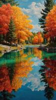 Autumn reflections in a serene forest river with vibrant foliage and clear blue skies photo