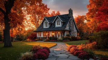 Charming cottage surrounded by vibrant autumn foliage at sunset in a serene countryside setting photo