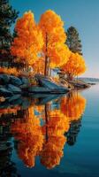 Vibrant autumn trees reflect in calm lake waters during a sunny day by the shore photo