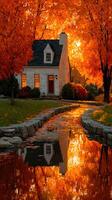 Charming house surrounded by vibrant autumn colors reflecting in serene water at sunset photo