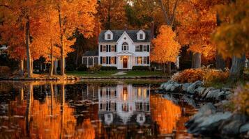 Beautiful autumn landscape with a white house reflecting in a lake surrounded by vibrant fall foliage photo