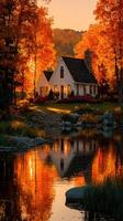 Beautiful autumn sunset reflecting on a cozy cottage near a tranquil pond surrounded by colorful trees photo