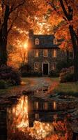 Beautiful autumn sunset reflecting on a peaceful cottage surrounded by vibrant fall foliage photo