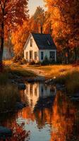 Beautiful autumn landscape with a quaint house and reflective water surrounded by vibrant fall foliage photo