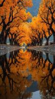 Majestic autumn trees lining a tranquil river reflect vibrant orange hues in a serene landscape photo
